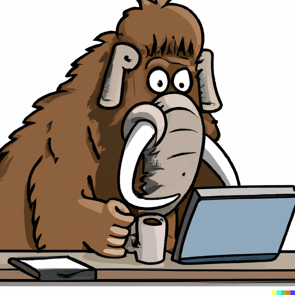 DALL·E 2022-12-03 06.28.13 - A mastodon sitting at a desk sending tweets and being happy.png|A cartoon Mastodon sitting at a computer holding a mug.